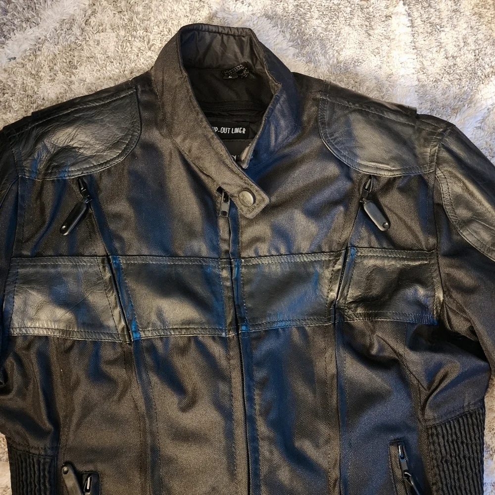 Nexgen Motorcycle Biker Jacket Black Leather & Nylon Men's Large L Fitted EUC